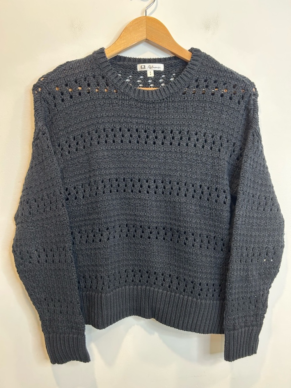 Reitmans Open Knit Crewneck Sweater Black Cotton